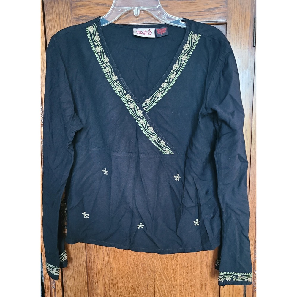 Limelight Black Embroidered V-Neck Long Sleeve Blouse Cotton Rayon Y2K Boho Top